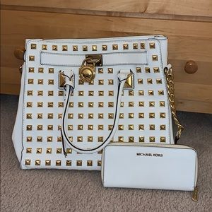 Used Michael Kora White Gold Studded Bag w Wallet